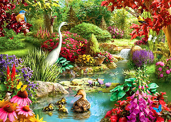 Birds Meeting, trees, flowers, birds, water HD wallpaper