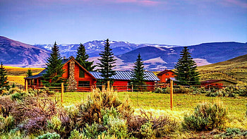 Wind River Valley, Wyoming., plants, trees, sky, mountains, cabin, usa HD wallpaper