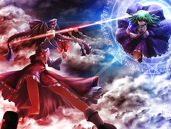 loli battle, japanese clothes, magic, ribbons, long hair, dress, purple eyes, miko, clouds, brown hair, green hair, sky HD wallpaper