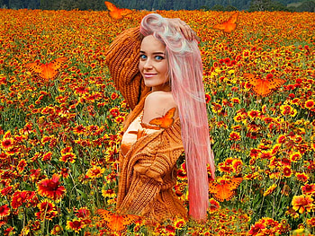 Delicate Pumpkin, orange, colorful, vibrant, girl, butterflies, pink, vivid, green, red, field, bright, bold, flowers HD wallpaper