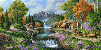 Summer, art, house, abolfazl mirzabeygi, waterfall, cottage, water, vara HD wallpaper