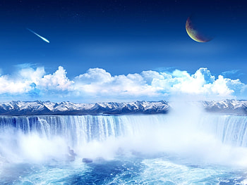 Landscape, Fantasy, Mountains, Clouds, Moon, Waterfalls HD wallpaper