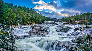 Mountain, , River, Forest, Waterfall HD wallpaper