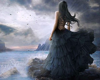 Happy Birtay Frank, blue, birds, clouds, dress, woman, beauty, ocean HD wallpaper