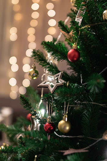 Decorative Christmas tree with baubles and star ornaments, illuminated by warm lights. HD phone wallpaper