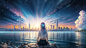 Anime Girl Sitting On Rock Looking At The Urban City, anime-girl, anime, alone, artist, artwork, digital-art, deviantart HD wallpaper