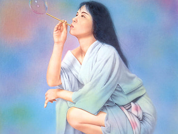 Pretty in Pastel, blue, asian, gentle, girl, black hair, orange, pink, painting, robe, green, bubble HD wallpaper