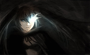 Black Rock Shooter, mato kuroi, blue eyes, black background, kuroi mato, black hair, long hair, brs, dark, anime girl, anime, hooded cloak, female HD wallpaper