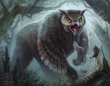 Owlbear, margarita bourkova, art, bear, grey, fantasy, owl, creature HD wallpaper