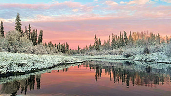 A Lake in Galena, Alaska, reflection, snow, clouds, landscape, trees, sky, water, sunset, usa HD wallpaper