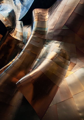 Abstract metal architecture with flowing curves and gold reflections in Seattle. HD phone wallpaper