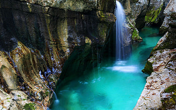 Soca river, Slovenia, trees, waterfall, water, rocks HD wallpaper