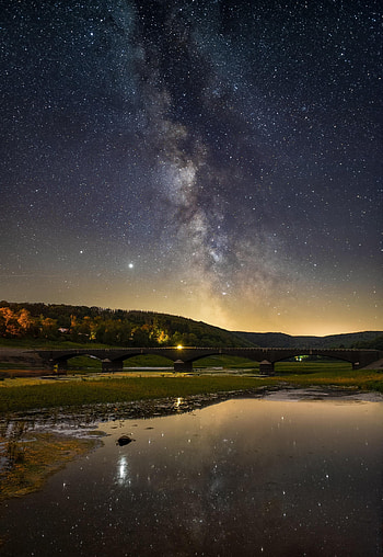 Stars, Lake, Reflection, Dark, Nebula, Bridge HD phone wallpaper