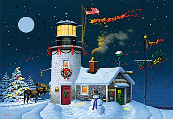 Take out window, moose, painting, snowman, artwork, lighthouse, snow, trees HD wallpaper