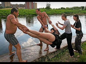 Oops, lady, , in water, funny, thrown HD wallpaper