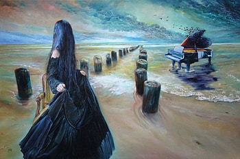 Penelope, sea, lady, black, painting HD wallpaper