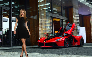 Nici Dee and a Ferrari LaFerrari, model, blonde, red, ferrari, dress HD wallpaper