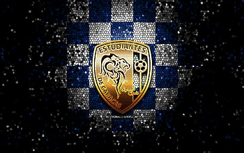 Estudiantes Caracas SC, glitter logo, La Liga FutVe, blue white checkered background, soccer, Venezuelan football club, Estudiantes Caracas logo, mosaic art, football, Venezuelan Primera Division, Estudiantes Caracas FC HD wallpaper