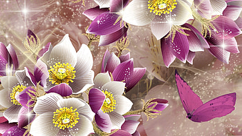 Floral Surprise, white, stars, spring, silk, summer, purple, butterfly, abstract, shine, flowers HD wallpaper