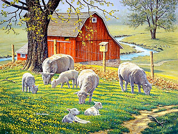 New Beginnings, barn, painting, trees, meadow, lambs, sheeps HD wallpaper