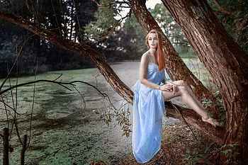 Redhead in Blue, redhead, model, dress, tree HD wallpaper