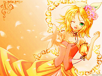Kagamine Rin, awesome, rin, cute, vocaloid, dress, vocaloids, kirei, blue eyes, beautiful, orange, kagamine, pink, anime, pretty, yellow hair, yellow, flowers HD wallpaper