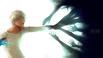 Get away, hands, gloves, dark, shadows, anime, lights, white hair, cool, short hair, anime boy, green eyes, male, glowing eyes, mouth HD wallpaper