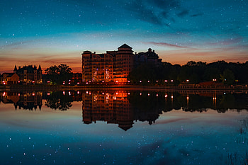 Cities, Sunset, Architecture, Building, Reflection, Starry Sky HD wallpaper