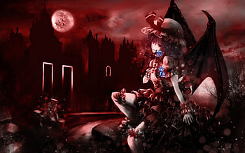 Touhou, Scarlet, Moon, Manga, Mean, Night, Scary, Remilia, Flowers, Hat, Crazy, Anime Girl, Red, Sinister, Anime, Mad, Serious, Dark, Angry, Wings, Creepy, Rose HD wallpaper