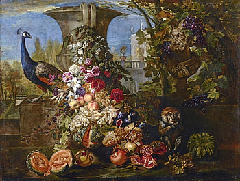 Still life with peacock and monkey, fruit, peacock, pasari, monkey, bird, art, paun, painting, flower, pictura, maimuta HD wallpaper