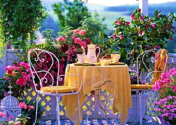 A Cup of Coffee, Please ?, chairs, table, painting, garden, flowers, porcelain HD wallpaper