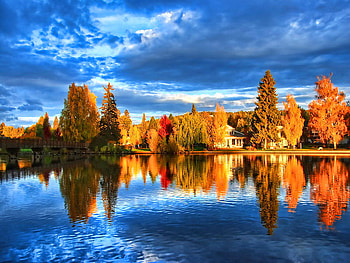 Autumn reflections, blue, fall, lake, reflection, clouds, autumn, nature, sky, water HD wallpaper
