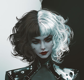 Cruella, white, black, art, nixeu, girl, dark, face, fantast, luminos HD wallpaper