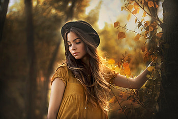 Brunette, woman, outdoor, autumn HD wallpaper