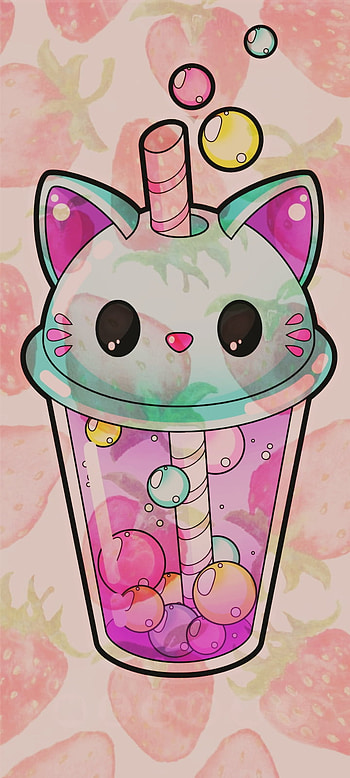 SUMMER BOBA, tea, bubble, cat, strawberry HD phone wallpaper
