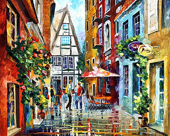 Leonid Afremov - Morning in Amsterdam, leonid afremov, morning, painting, art, amsterdam, house, street, people HD wallpaper