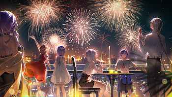 Anime Boys And Girls Lights In Fireworks Sky Background Anime HD wallpaper