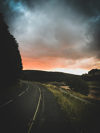 Nature, Trees, Sunset, Sky, Clouds, Road, Turn HD phone wallpaper