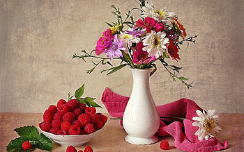 Flowers, Food, Raspberry, Vase HD wallpaper