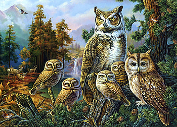 Owl Family, raptor, painting, artwork, trees, chicks, forest HD wallpaper