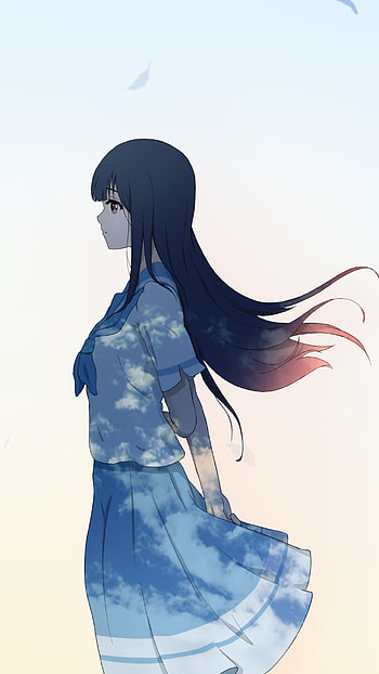 blue hair, long hair, school uniform, Anime HD phone wallpaper