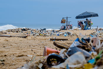 Sandy beach cluttered with trash and ocean debris, with vendors under an umbrella nearby. HD wallpaper