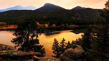 Lily Lake, Colorado, hills, clouds, trees, landscape, sky, water, sunset, reflections, usa HD wallpaper