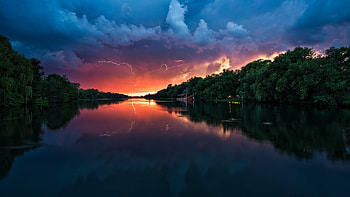 Preview clouds, thunder-storm, river, reflection, lightning, trees HD wallpaper