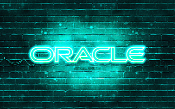 Oracle turquoise logo, , turquoise brickwall, Oracle logo, brands, Oracle neon logo, Oracle HD wallpaper