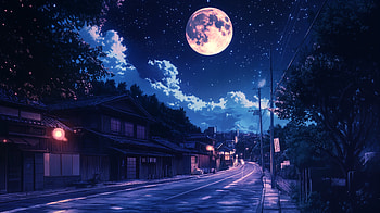 Anime Night: Moonlit Serenity, Anime, anime night, night, moon, street HD wallpaper