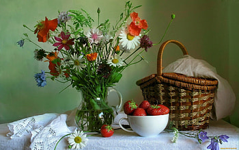 Still Life-5-, basket, vase, beautiful, flowers HD wallpaper