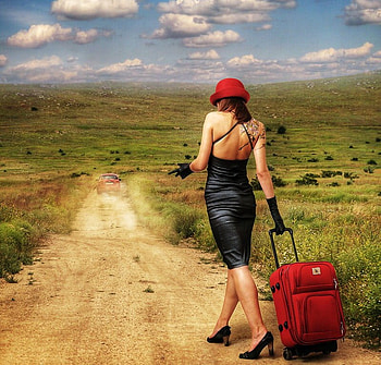 The end, suitcase, speeding away, left behind, car, road, woman, call HD wallpaper