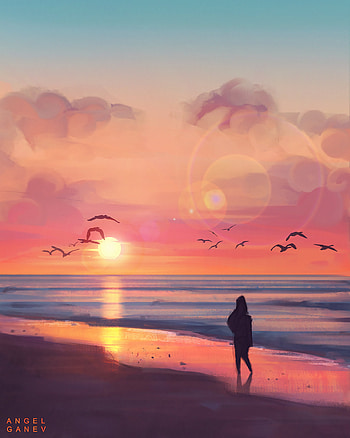 Birds, Sunset, Art, Sea, Beach, Silhouette HD phone wallpaper