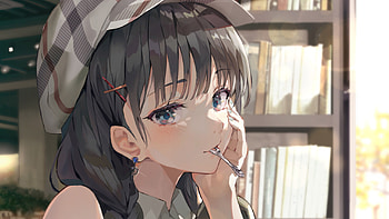 Blue Eyes Anime Girl With Hat Sitting In Bookshelves Background Cute Anime Girl HD wallpaper